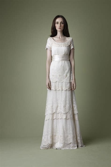 1910s Edwardian Style Cream Tiered Lace Wedding Dress