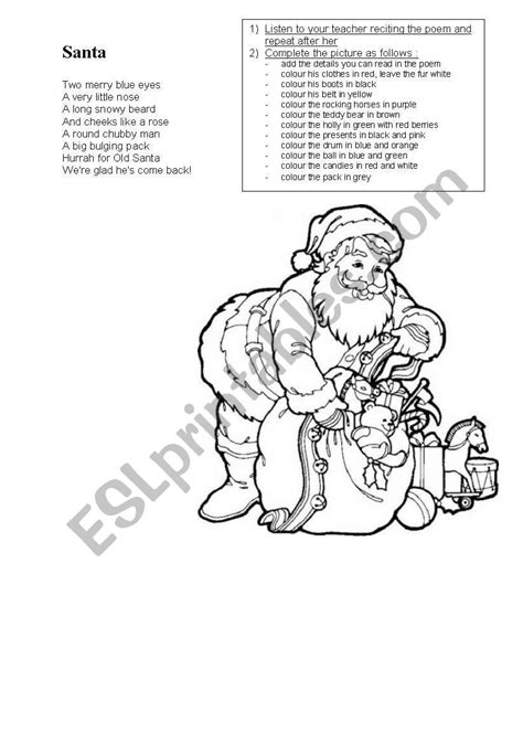 English Worksheets Santa Poem