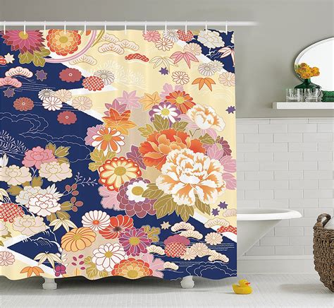 Japanese Shower Curtain Traditional Kimono Motifs Composition Asian Ethnic Floral Patterns