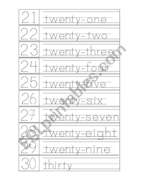 Trace Numbers From 21 To 30 Esl Worksheet By Sandramarin