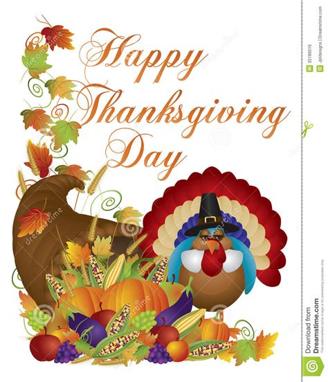 Happy Thanksgiving Day Cornucopia Turkey Illustrat Stock Vector