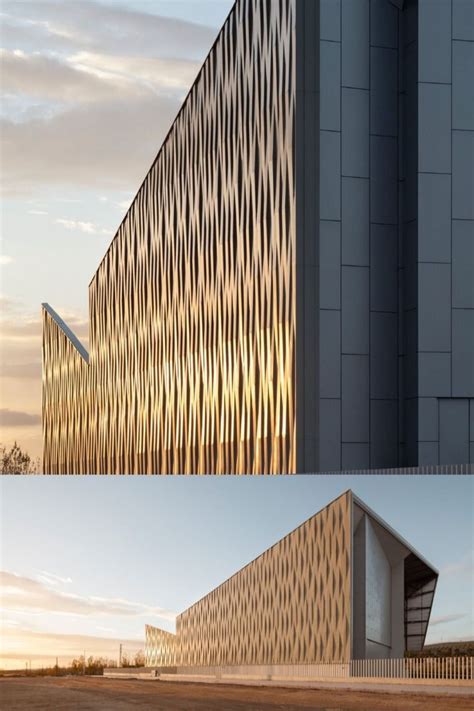 Two Photos Side By Side Of A Building With Wavy Lines On The Outside