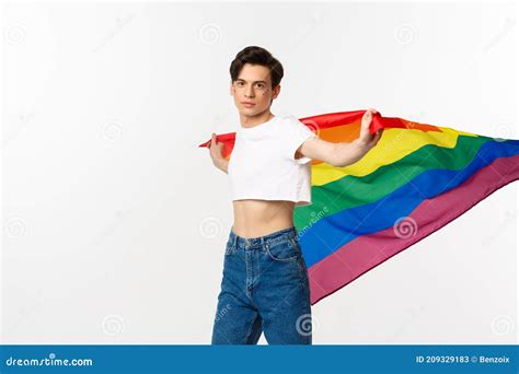人权与男女同性恋、双性恋和双性恋社区概念 站出来，骄傲的男同性恋挥舞着彩虹旗，看着自信的摄像机 库存图片 图片 包括有 人们 男人 209329183