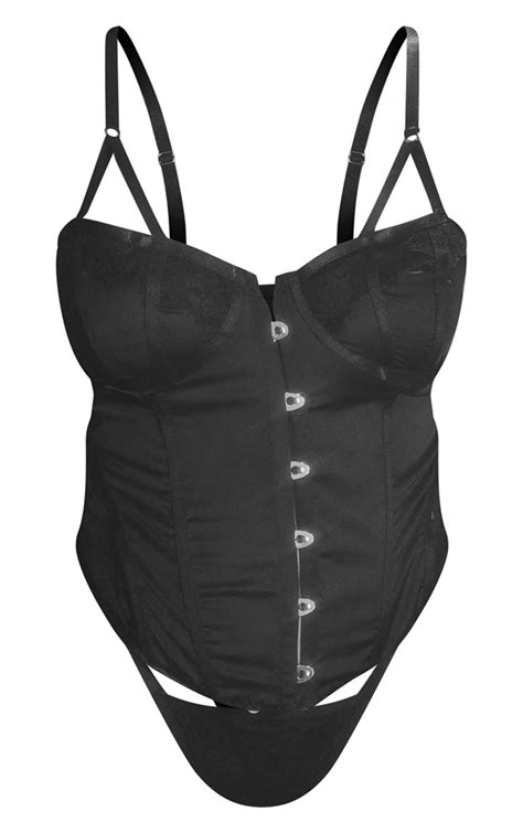 plus black lace trim corset lingerie set prettylittlething qa