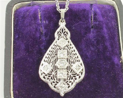 Edwardian 14k White Gold Diamond Filigree Pendant Necklace Antique
