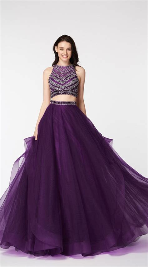 Two Piece Crystal Beaded Purple Ruffles Prom Dresses Ruffle Prom