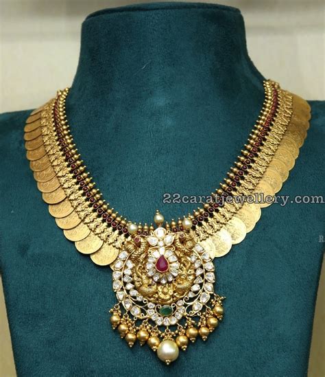 Kasu Necklace With Peacock Diamond Pendant Jewellery Designs