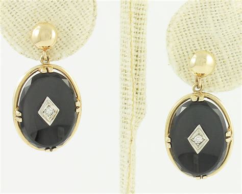 Black Onyx Diamond 10k Earrings Vintage Dangle 10k Yellow Gold Black