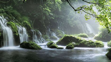 Spring Waterfall Stone Fog Mist Green Forest 8k Macbook Air Wallpaper
