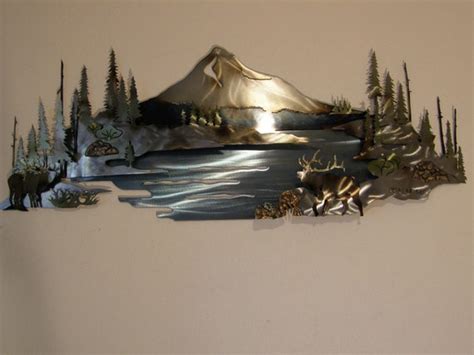 Metal Wall Sculpture Of Mountain Scene With Lake And Elk Etsy Uk
