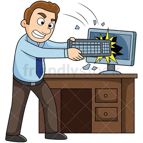 Angry Man Smashing Computer Screen Cartoon Vector Clipart Friendlystock