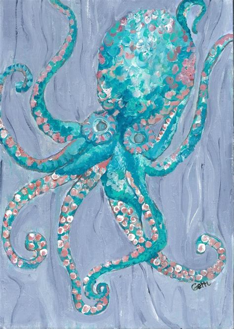 Such A Fun Whimsical Under Sea Aqua Blue Octopus Giclee Print Created