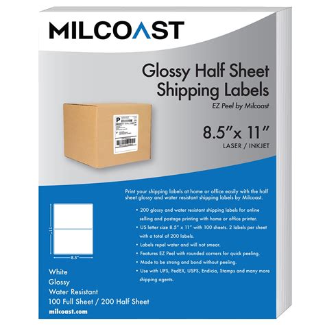 Milcoast Glossy 200 Half Sheet Shipping Labels Ez Peel Corners Water