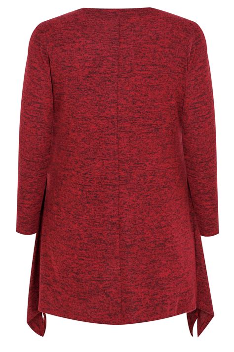 Red Textured Star Print Longline Knitted Top With Hanky Hem Plus Size