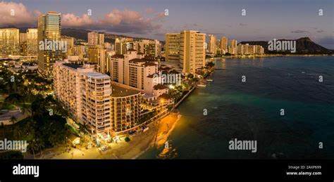 Aerial Panorama Of Waikiki Beach And Diamond Head On Oahu Hawaii At