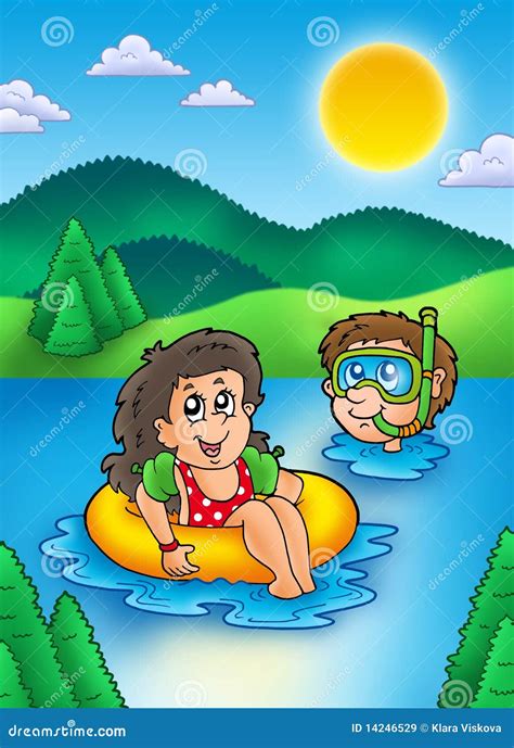 Two Swimming Kids In Lake Stock Illustration Illustration Of Play