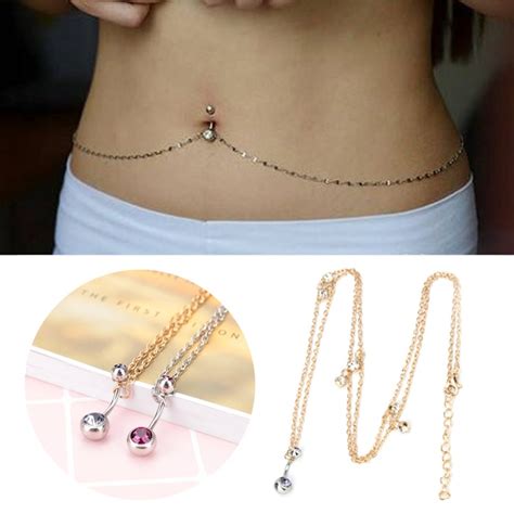 New Rhinestone Crystal Bar Waist Chain Stainless Steel Pendant Piercing Belly Barbell Navel Ring