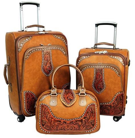 Western Tooled Leather 3 Piece Wheeled Luggage Set Brown Leather