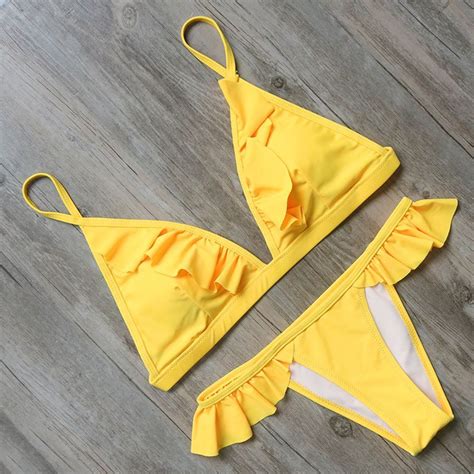 yellow top bottom ruffle bikinis set swimwear bikini 2017 bikini swimwear bikini set thong