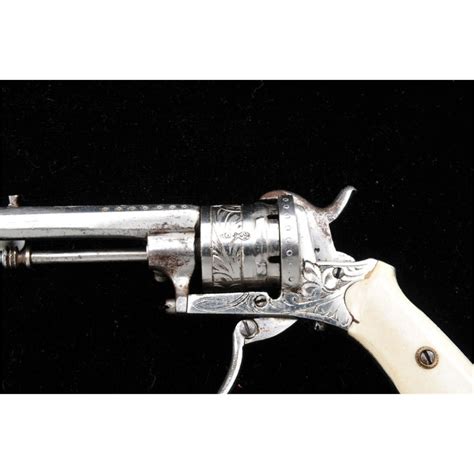 Engraved Pinfire Revolver Of Approx 55mm Nickel Plated Bone Grips