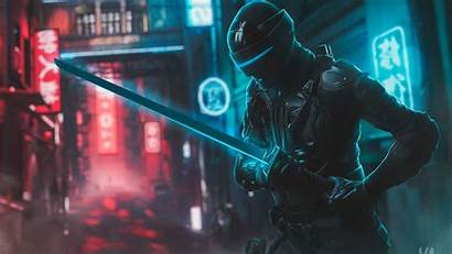 Ninja Neon Sword Futuristic Mask Cyberpunk Eyes