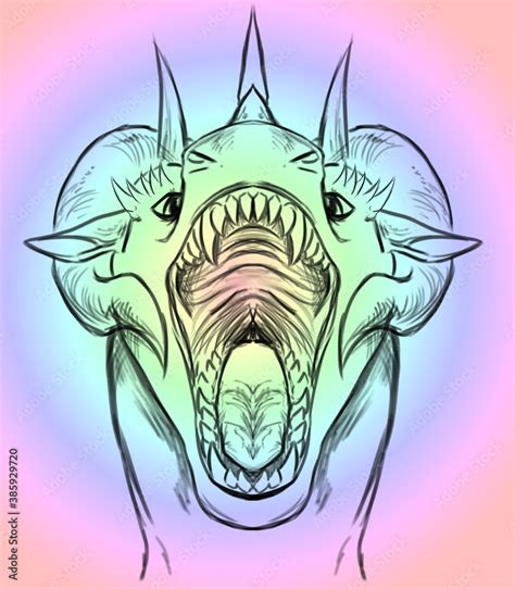 Digital Illustration Of A Dragon With Open Mouth Showing Teeth And Tongue With Pastel Rainbow