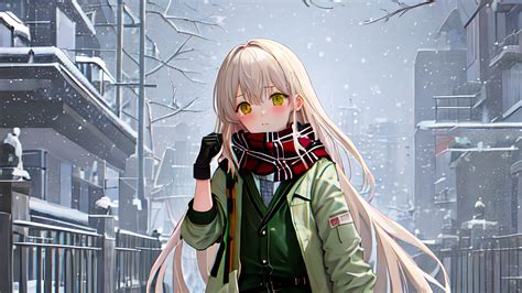 Green Eyes White Hair Anime Girl Street Snowfall Winter Background Hd