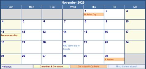 November 2029 Canada Calendar With Holidays For Printing Image Format