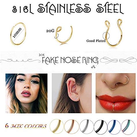 Jstyle 22pcs Fake Nose Rings Hoop Stainless Steel Faux Fake Septum Lip Cartilage Hinged Cliker