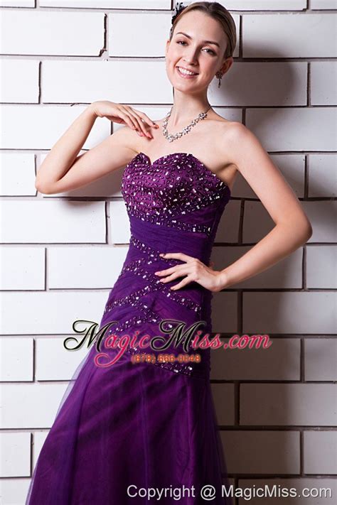 Purple A Line Sweetheart Floor Length Tulle And Taffeta Sequins Prom