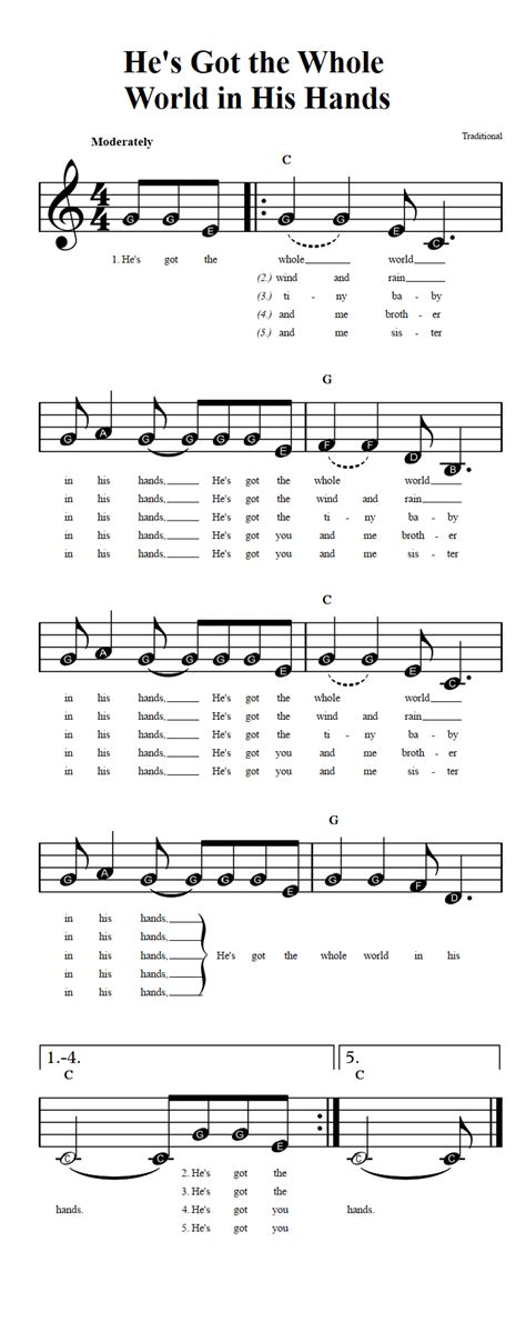 Hes Got The Whole World In His Hands Beginner Sheet Music With Chords