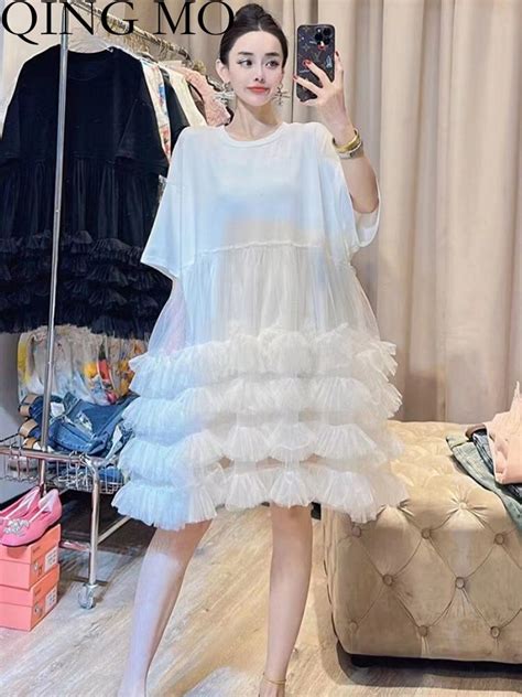 Qing Mo Summer New Korean Fashion Mesh Skirt Edge Short Sleeve White Dress Women Fashion