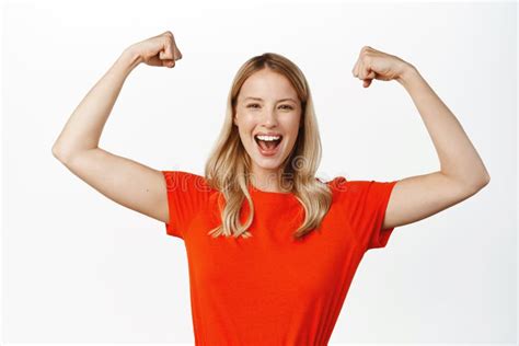 Strong Women Happy Young Smiling Fit Girl Showing Muscles Raising