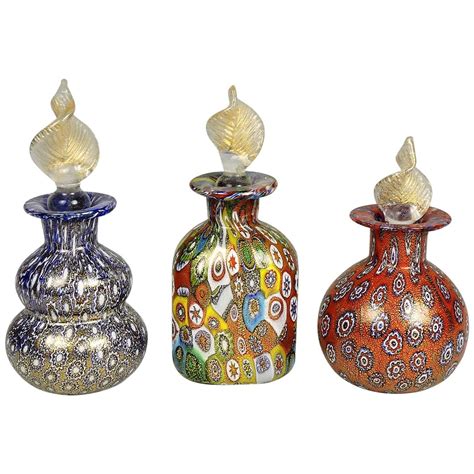 Three Vintage Italian Millefiori Aventurine Murano Glass Perfume Bottles At 1stdibs