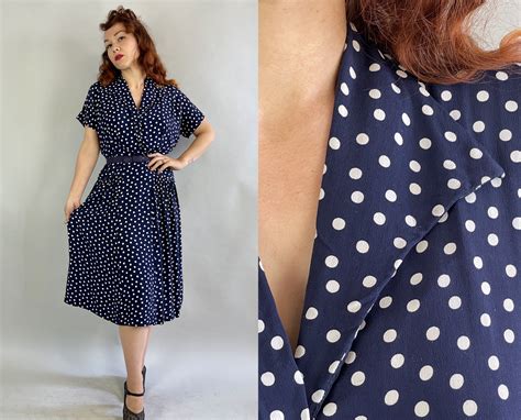 1940s patty polka dots dress vintage 40s navy blue and white rayon crepe day to night frock