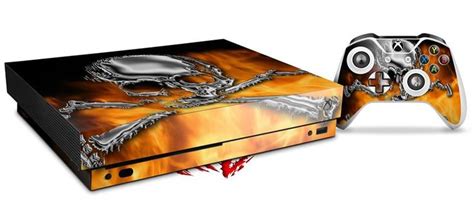 Xbox One X Console Controller Bundle Skins Chrome Skull On Fire