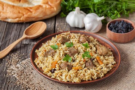 Traditional Uzbek Meal Pilaf Rice With Meat Carrot And Onion Stock