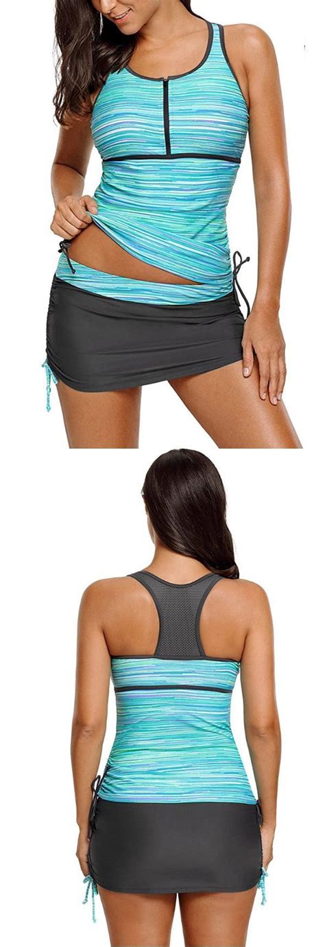 Womens 2 Pieces Print Zip Front Racerback Tankini Set Swimsuits With