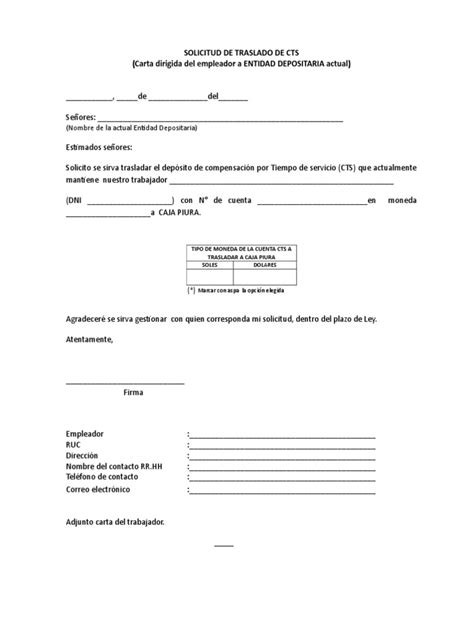 Carta De Traslado Cts Del Empleador A La Entidad Depositaria Actual Pdf