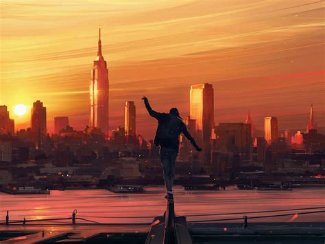 Download Wallpaper Sunset The Sun Figure The City People Art