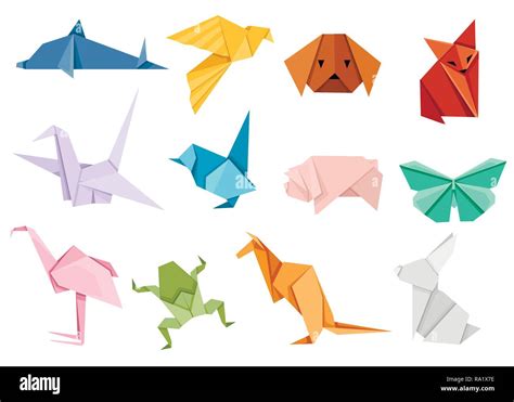 Origami Japanese Animal Set Modern Hobby Flat Vector Illustration