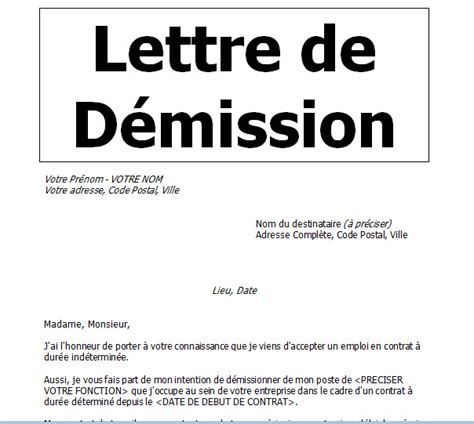 lettre de demission voici un modèle gratuit de lettre de démission pour rompre un cdi. modele lettre de demission cdi avec reduction preavis ...