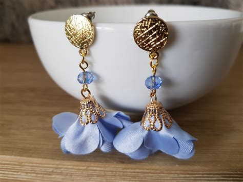 Sky Blue Petal And Crystal Earrings Dangle Earrings Floral Etsy