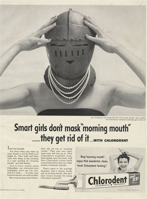 1953 chlorodent toothpaste ad woman fencing helmet mask funny photo morning mouth vintage