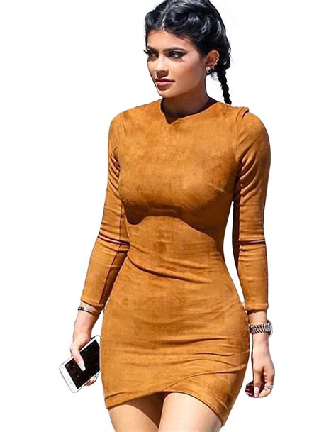2016 Skin Tight Bodycon Dress Woman Long Sleeve O Neck Faux Suede Sexy Brown Slim Casual Women