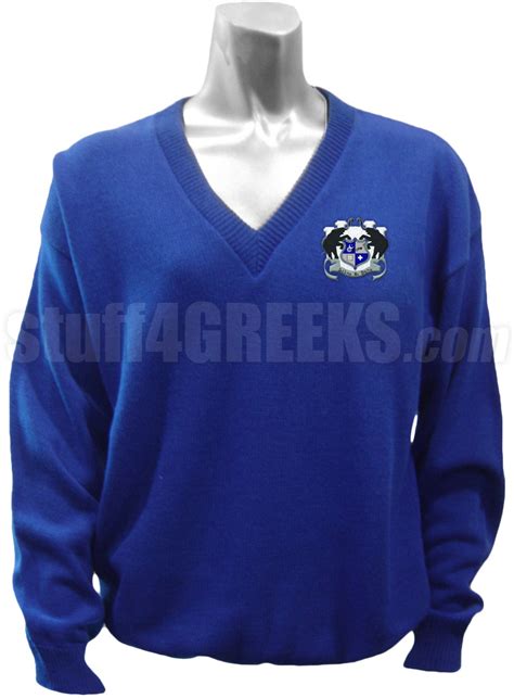 Delta Phi Beta V Neck Sweater With Crest Royal Blue