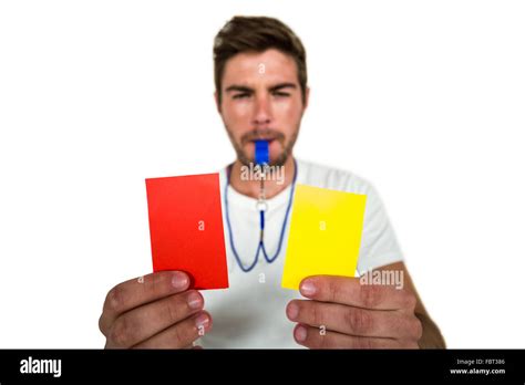 Handsome Supporter Showing Red And Yellow Cards Stock Photo Alamy