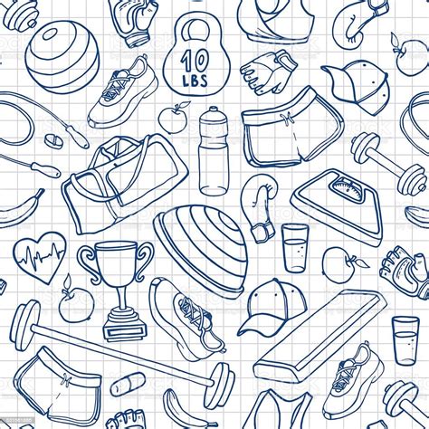 Hand Drawn Fitness Doodle Seamless Pattern Outlines On Squared Paper