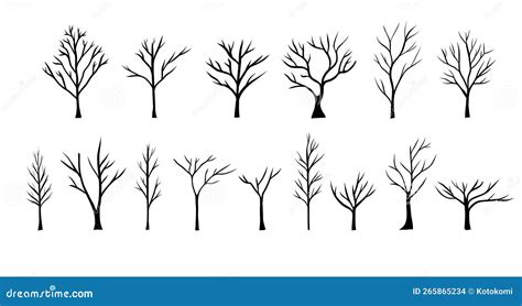 Naked Trees Silhouettes Set Vector Hand Drawn Isolated Illustrations