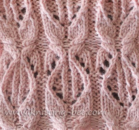 Pattern includes charts, written directions, and stitch count. A Cable Lace Knitting Stitch